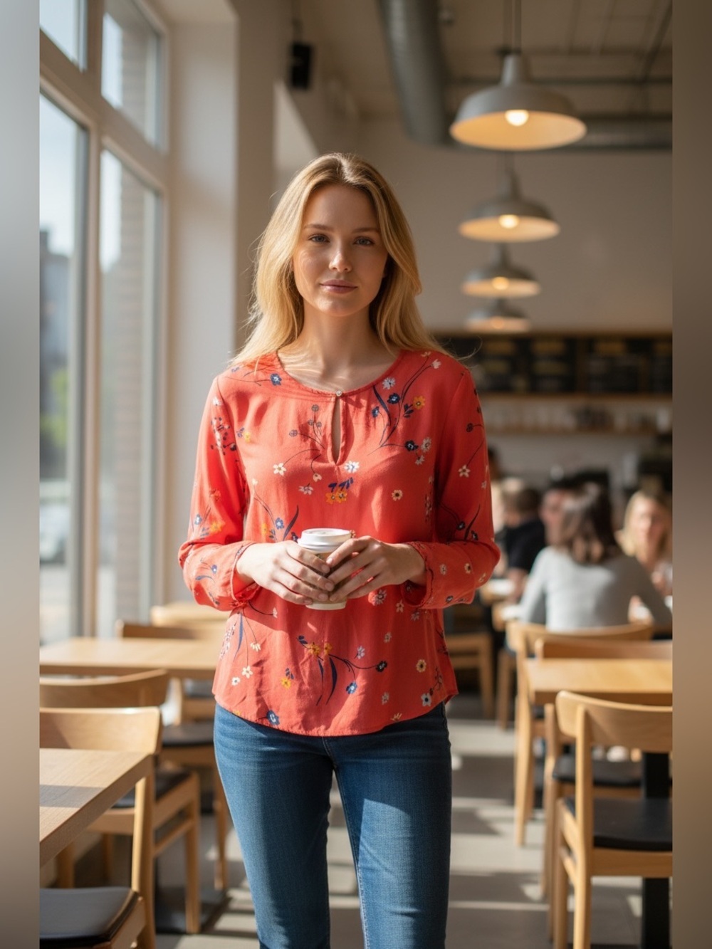 💯 Rayon GAP Red Floral Long-Sleeve Keyhole Blouse